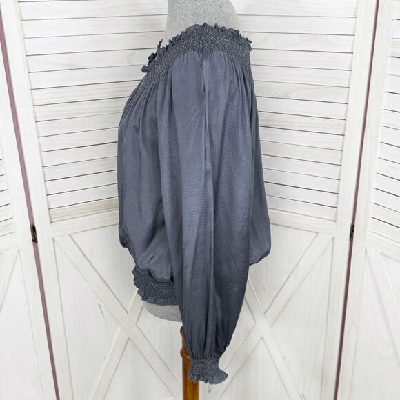 Nine West Smocked Charm Detail On Off Shoulder Peasant Blouse Blue Grey Medium - Picture 3 of 13